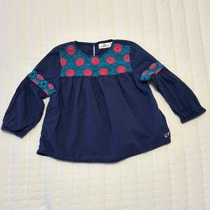 Vineyard Vines Girls 4T Navy Blue Pink Floral Embroidery Top Shirt Boho Cute EUC